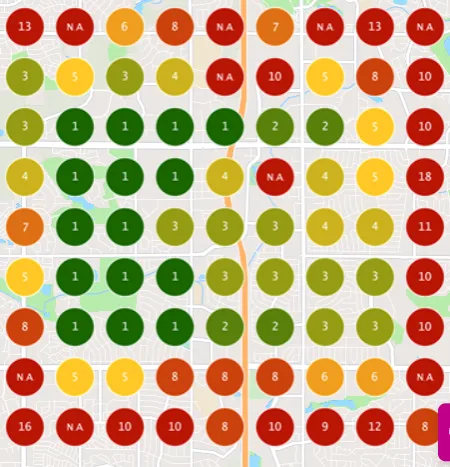 Grid scan of Northglenn on day 7 showing ADF Services ranking number 1 to 3 across the center of the map