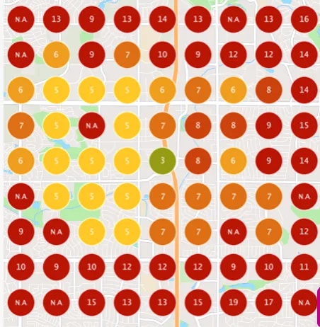 Grid scan of Northglenn on day 1 showing ADF Services ranking 5th to 15th across most of the map