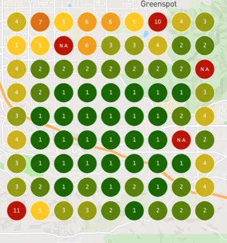 Grid scan of Redlands after the trial showing Brady Landscape and Construction ranking number 1 across most of the map