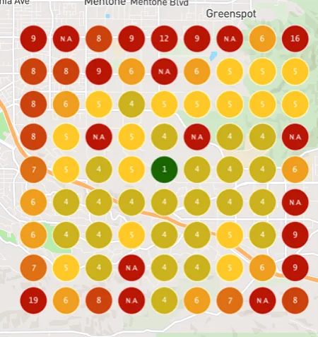 Grid scan of Redlands before the trial showing Brady Landscape and Construction ranking 4th to 9th for landscaper near me across most of the map