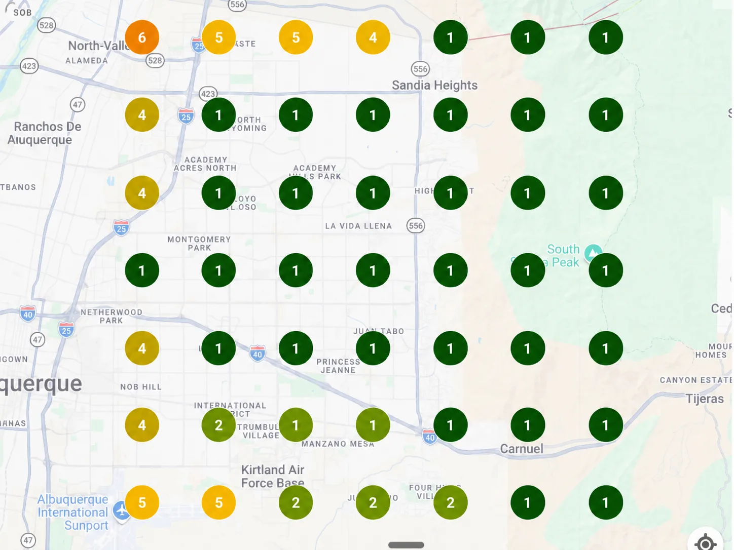 Local Falcon 7 by 7 grid scan of Albuquerque from August 7 2026 showing Delinzio Builders ranking number 1 across nearly the entire map